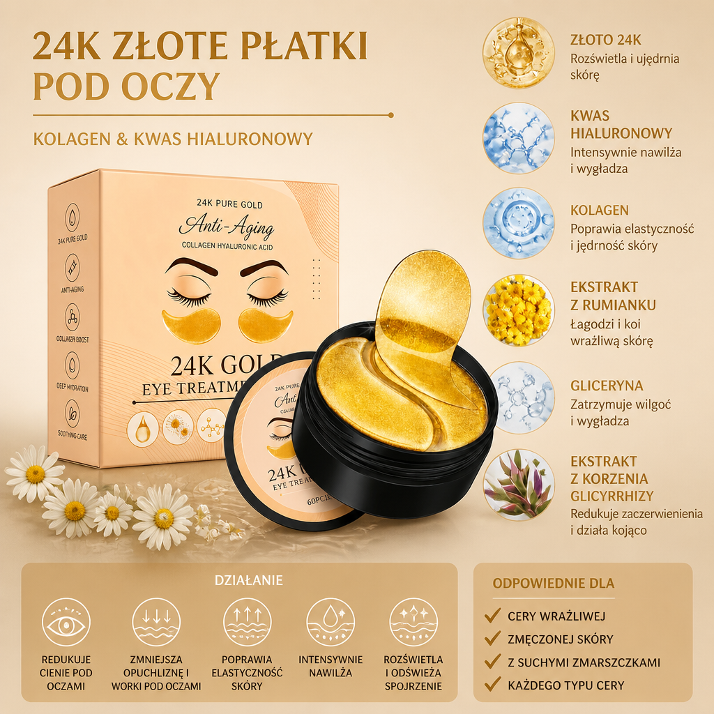 Płatki pod Oczy z Kolagenem i Kwasem Hialuronowym – Nawilżająca Pielęgnacja dla Jaśniejszego Wyglądu Okolic Oczu