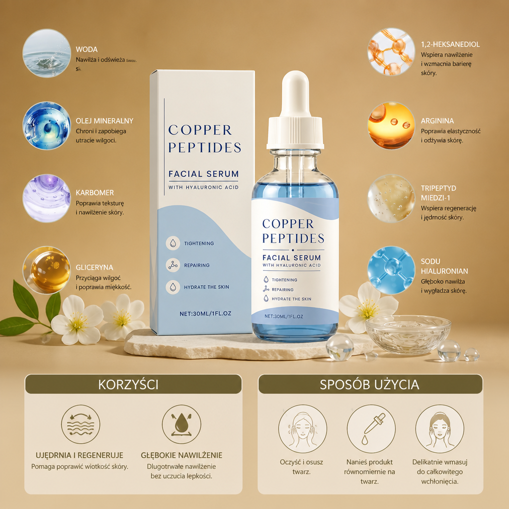 Peptydy Miedzi i Kwas Hialuronowy – Nawilżające Serum dla Gładszej Wyglądającej Skóry