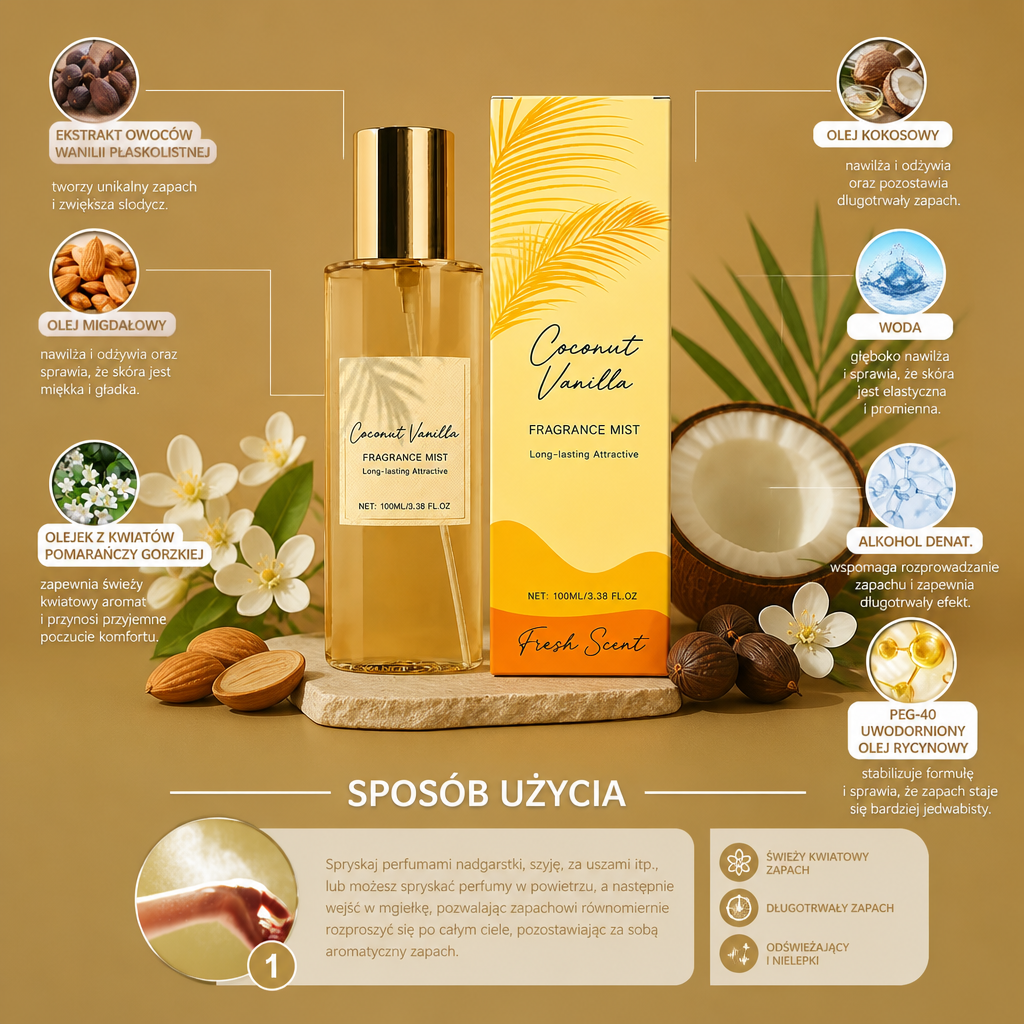 Waniliowo-Kokosowa Mgiełka Zapachowa – Świeży Kwiatowy Zapach z Długotrwałym Aromatem
