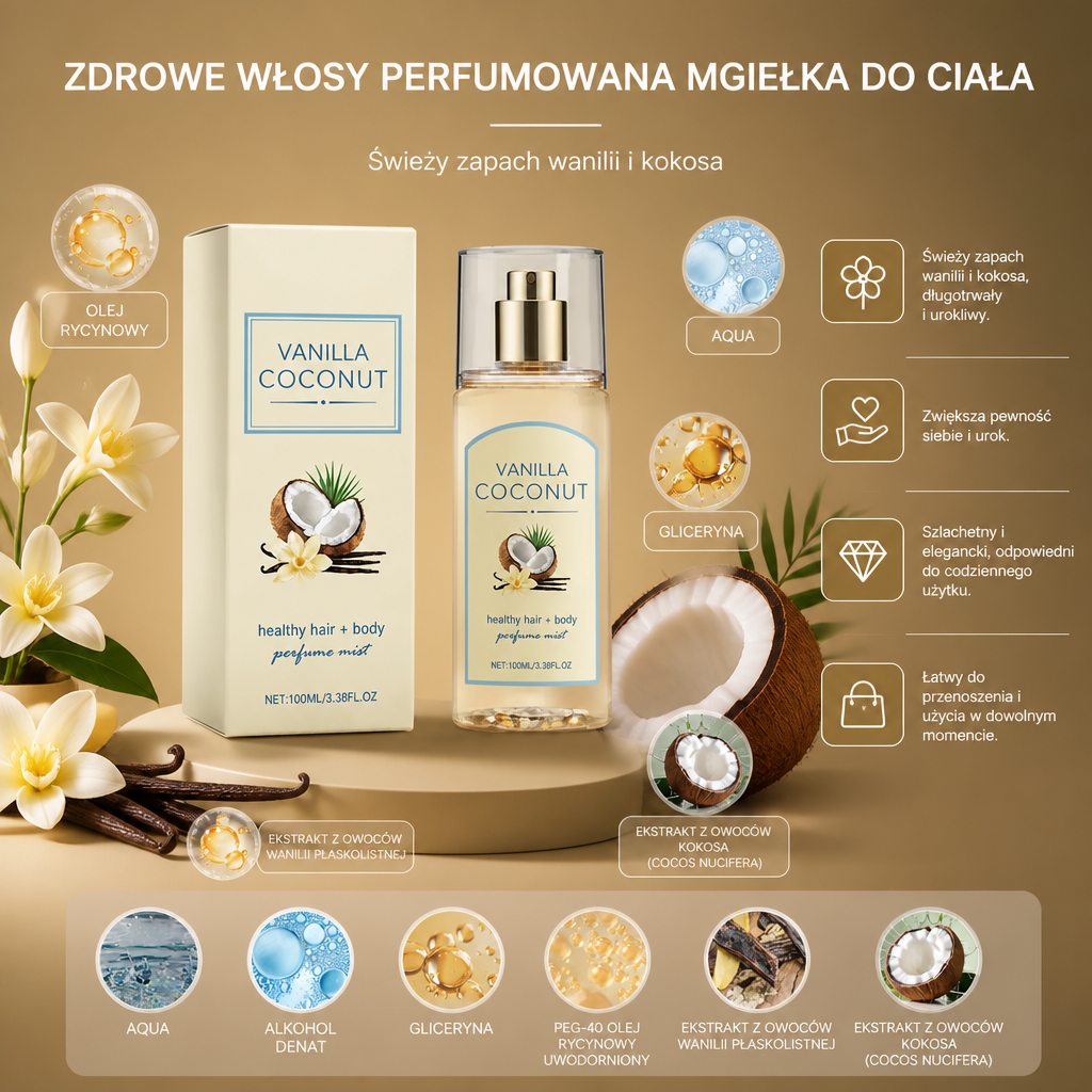 Waniliowo-Kokosowa Mgiełka Zapachowa Do Włosów I Ciała – Długotrwały Zapach Z Nawilżającą Pielęgnacją