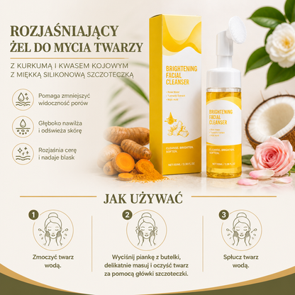 Rozjaśniający żel do mycia twarzy z kurkumą i kwasem kojowym z miękką silikonową szczoteczką