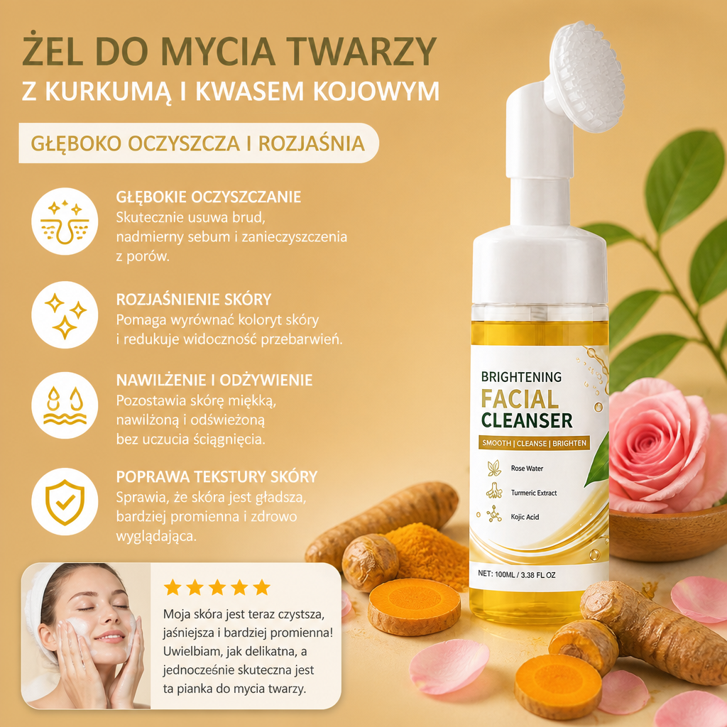 Żel Do Mycia Twarzy Z Kurkumą I Kwasem Kojowym – Głęboko Oczyszczająca I Rozjaśniająca Pianka