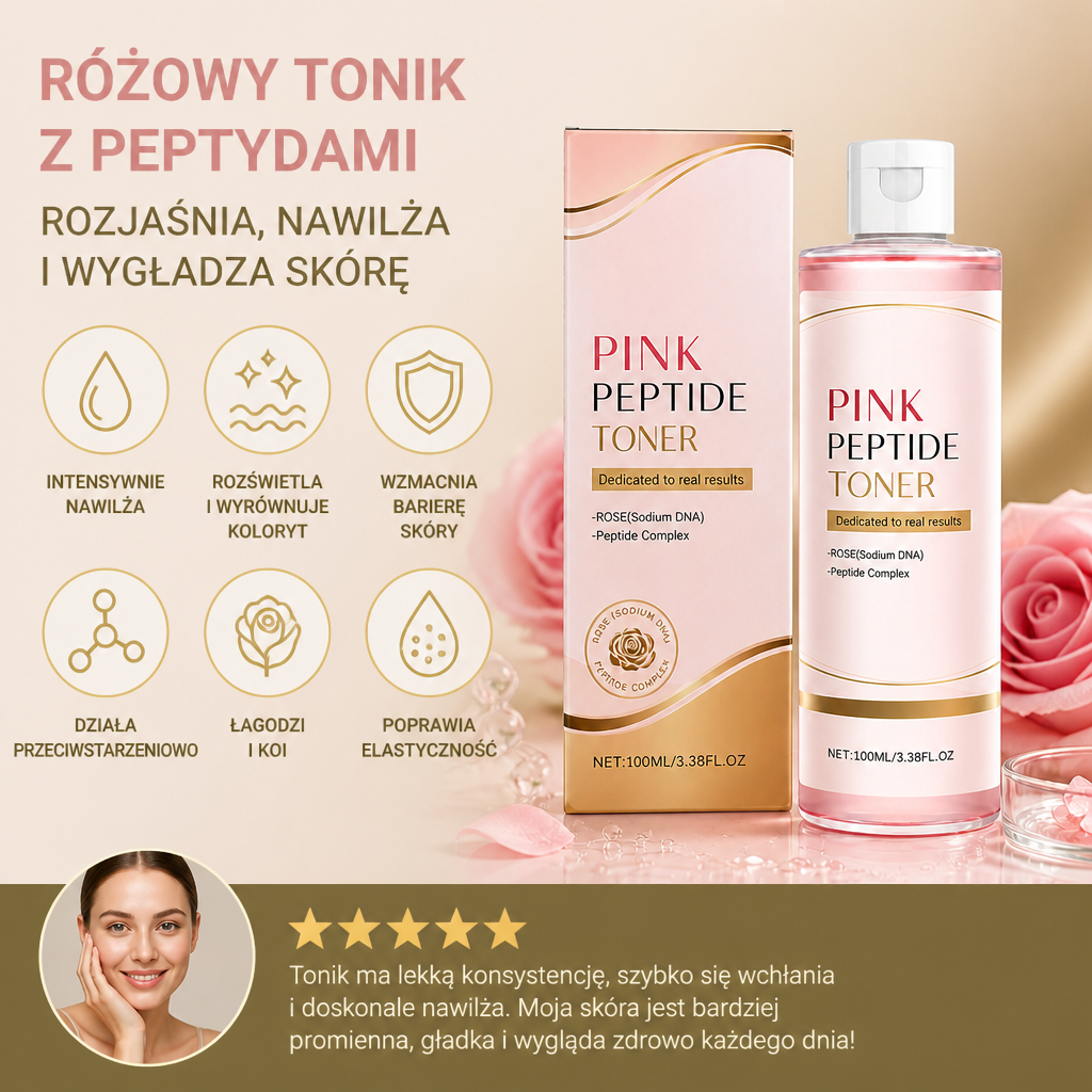 Różowy Tonik Z Peptydami Rozjaśniający Dla Gładkiej, Nawilżonej I Promiennej Skóry