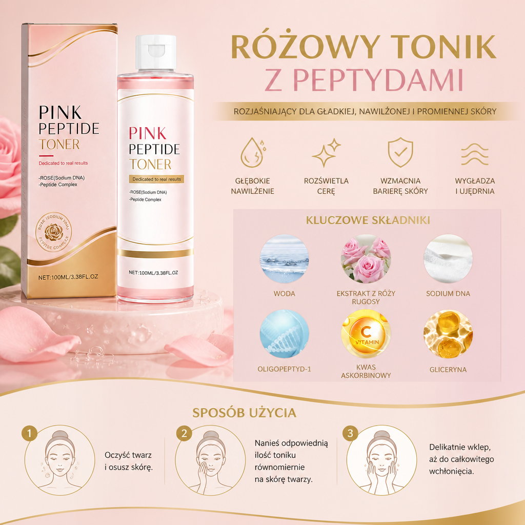 Różowy Tonik Z Peptydami Rozjaśniający Dla Gładkiej, Nawilżonej I Promiennej Skóry