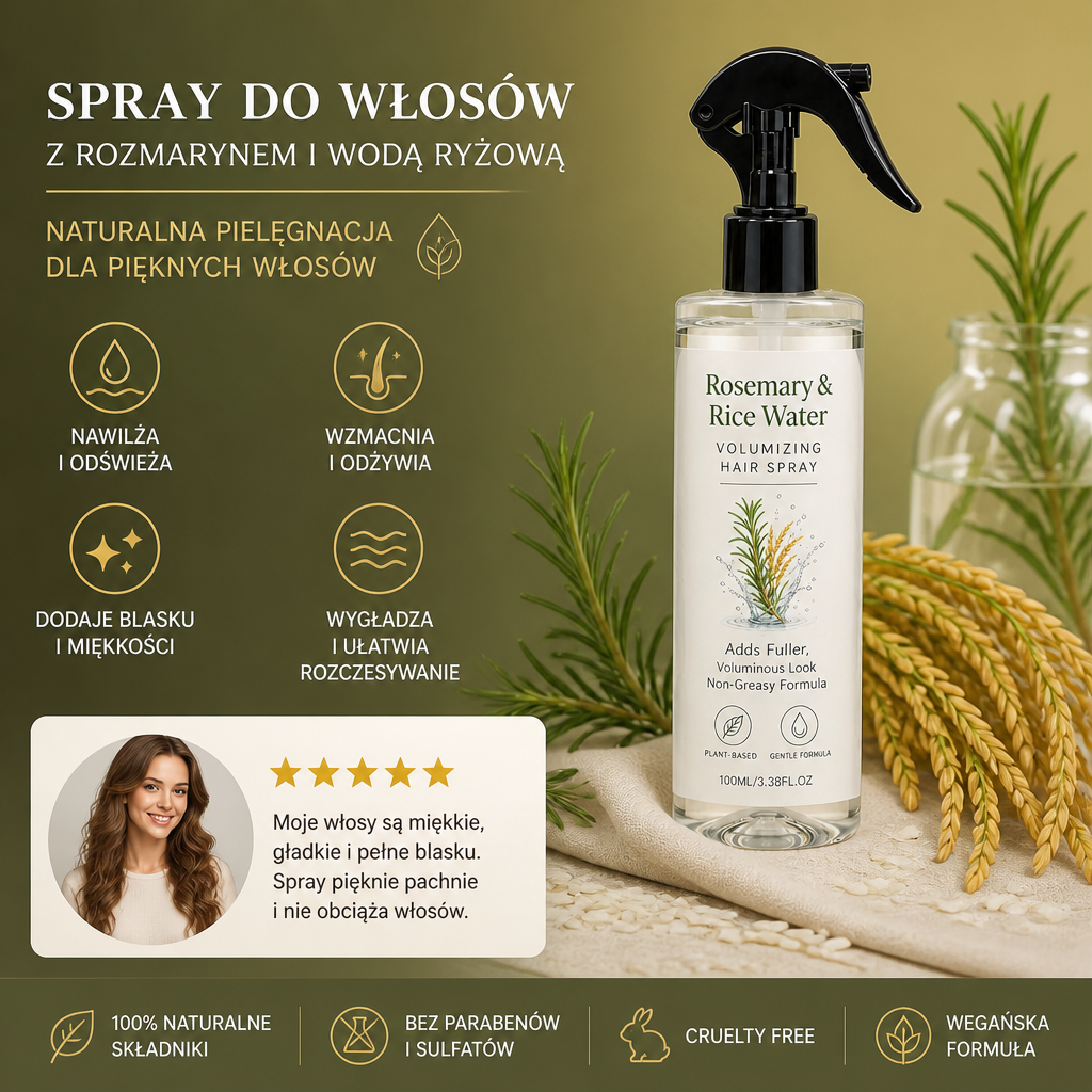 Spray Do Włosów Z Rozmarynem I Wodą Ryżową – 100% Naturalna Mgiełka Dla Miękkich, Gładkich I Zdrowo Wyglądających Włosów