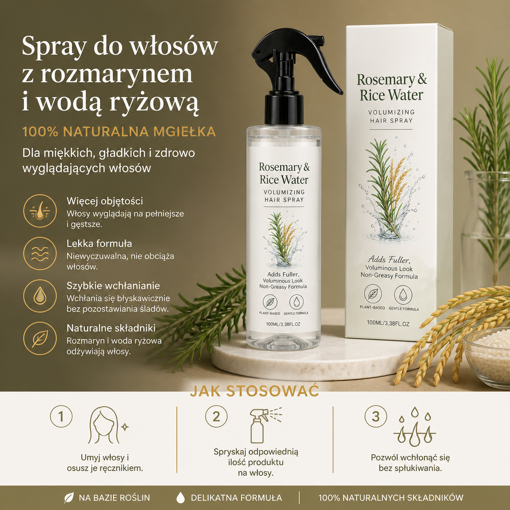 Spray Do Włosów Z Rozmarynem I Wodą Ryżową – 100% Naturalna Mgiełka Dla Miękkich, Gładkich I Zdrowo Wyglądających Włosów
