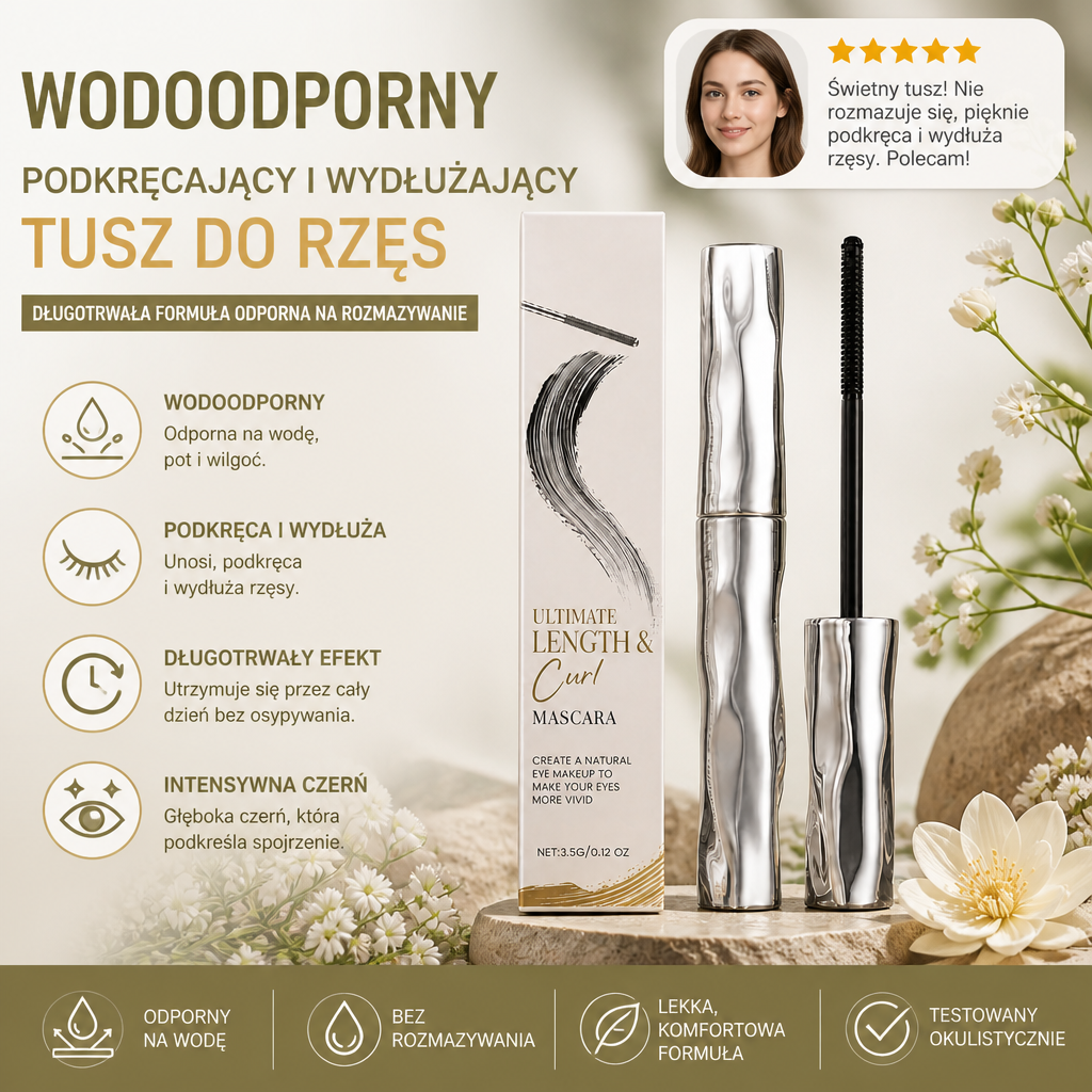 Wodoodporny Podkręcający i Wydłużający Tusz do Rzęs – Długotrwała Formuła Odporna na Rozmazywanie