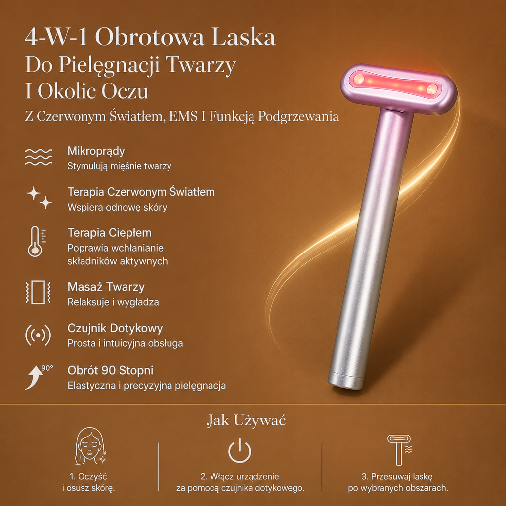 4-w-1 Obrotowa Laska Do Pielęgnacji Twarzy I Okolic Oczu Z Czerwonym Światłem, EMS I Funkcją Podgrzewania