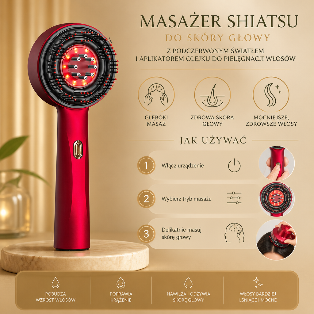 Masażer Shiatsu Do Skóry Głowy Z Podczerwonym Czerwonym Światłem I Aplikatorem Olejku Do Pielęgnacji Włosów