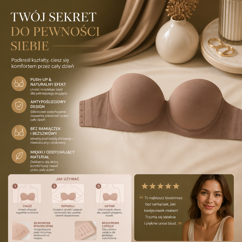Bezramienny biustonosz bandeau push-up – antypoślizgowy, podtrzymujący i bezszwowy dla maksymalnego komfortu