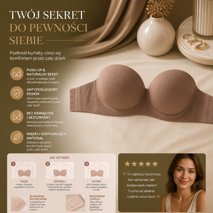 Bezramienny biustonosz bandeau push-up – antypoślizgowy, podtrzymujący i bezszwowy dla maksymalnego komfortu