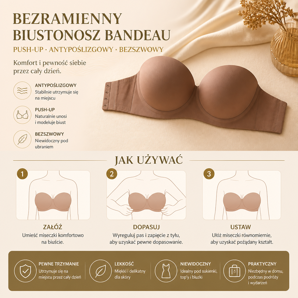 Bezramienny biustonosz bandeau push-up – antypoślizgowy, podtrzymujący i bezszwowy dla maksymalnego komfortu