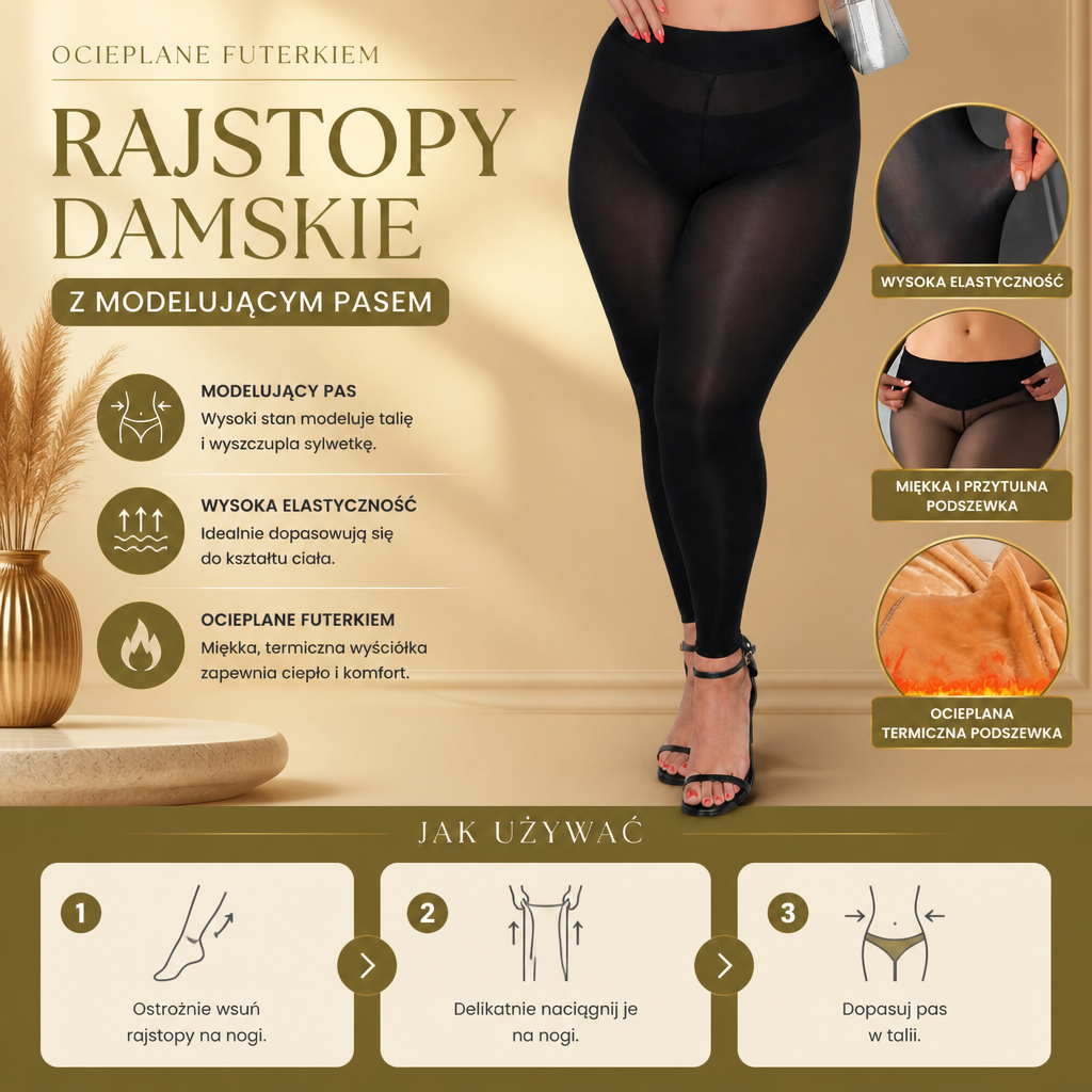 Ocieplane Futerkiem Rajstopy Damskie z Modelującym Pasem