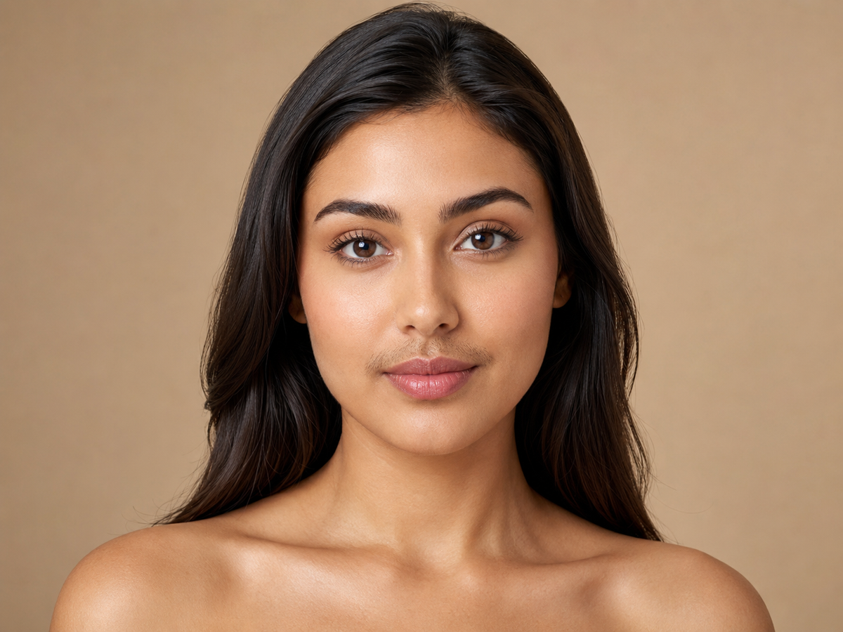 Before trimming upper lip with Polska Uroda 3-in-1 trimmer