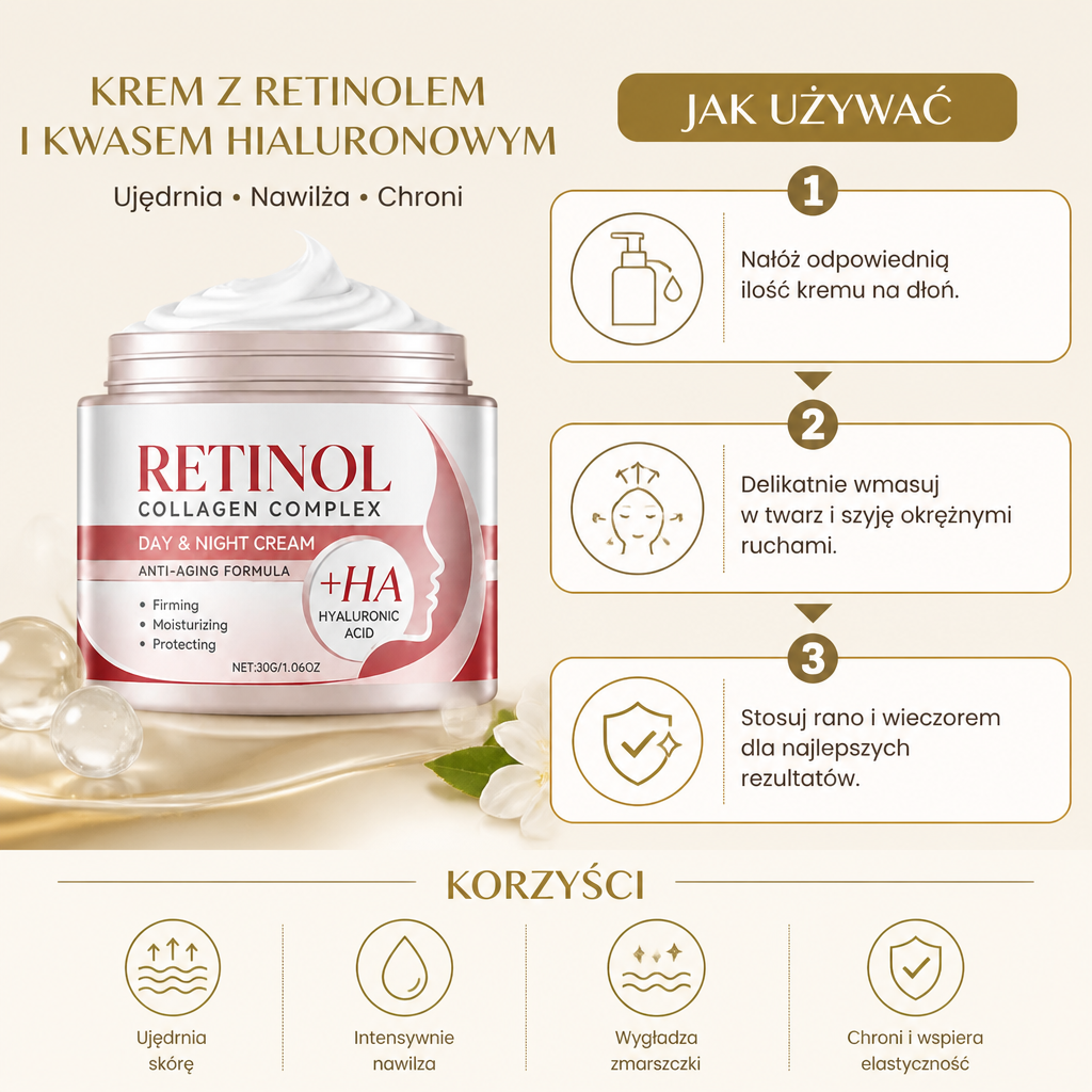 Ujędrniający krem do twarzy z retinolem i kwasem hialuronowym dla gładkiej, promiennej skóry