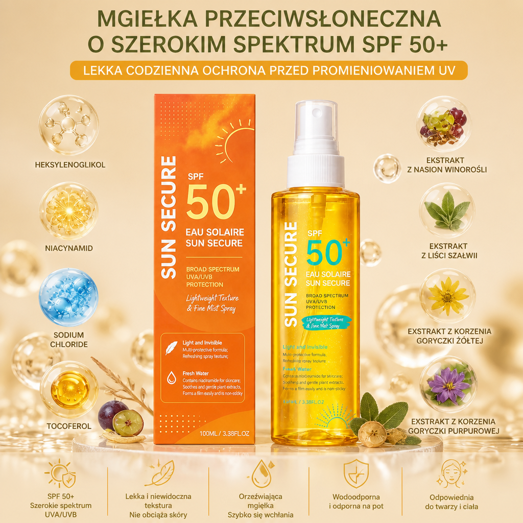 Mgiełka Przeciwsłoneczna o Szerokim Spektrum SPF 50+ – Lekka Codzienna Ochrona przed Promieniowaniem UV