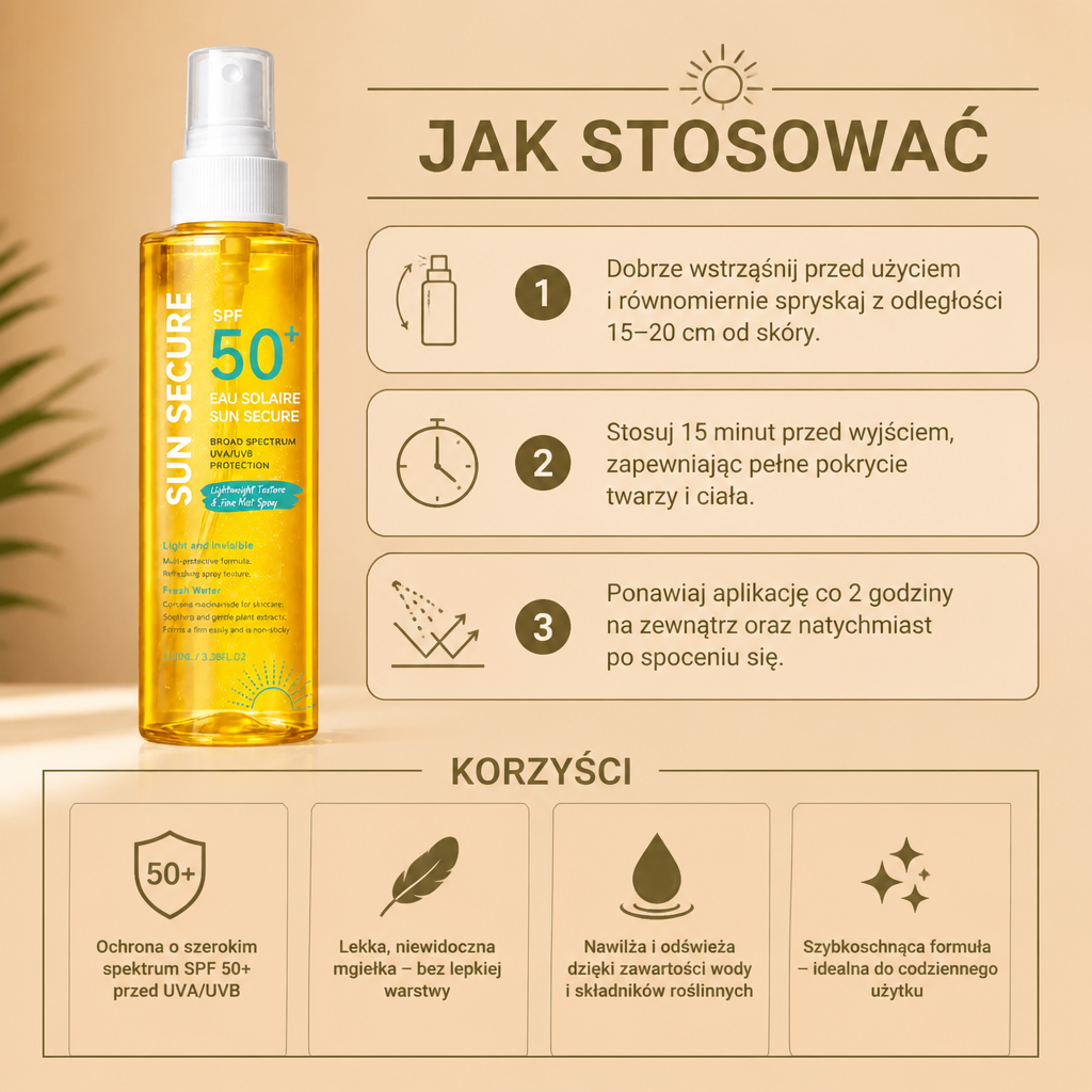 Mgiełka Przeciwsłoneczna o Szerokim Spektrum SPF 50+ – Lekka Codzienna Ochrona przed Promieniowaniem UV