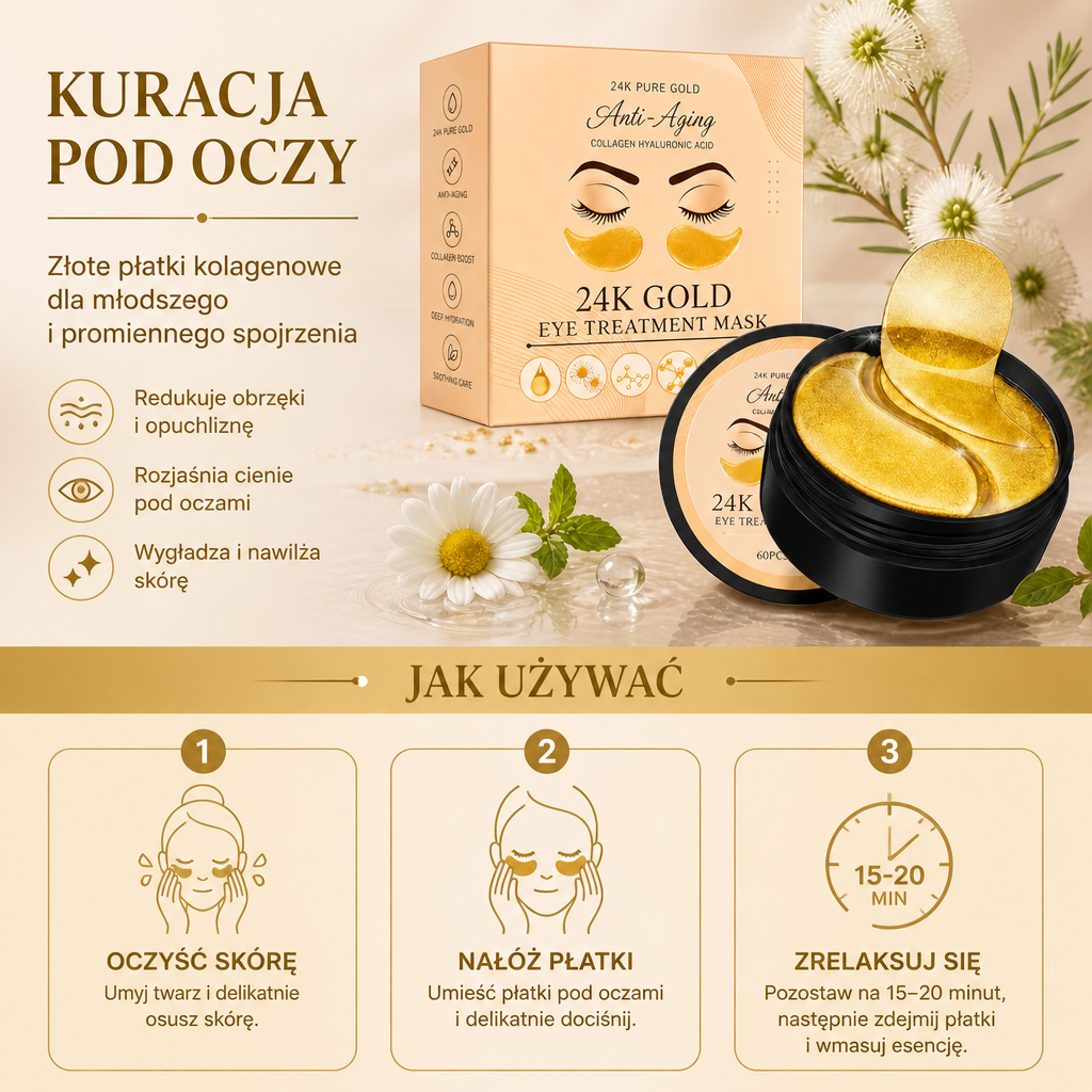 Płatki pod Oczy z Kolagenem i Kwasem Hialuronowym – Nawilżająca Pielęgnacja dla Jaśniejszego Wyglądu Okolic Oczu