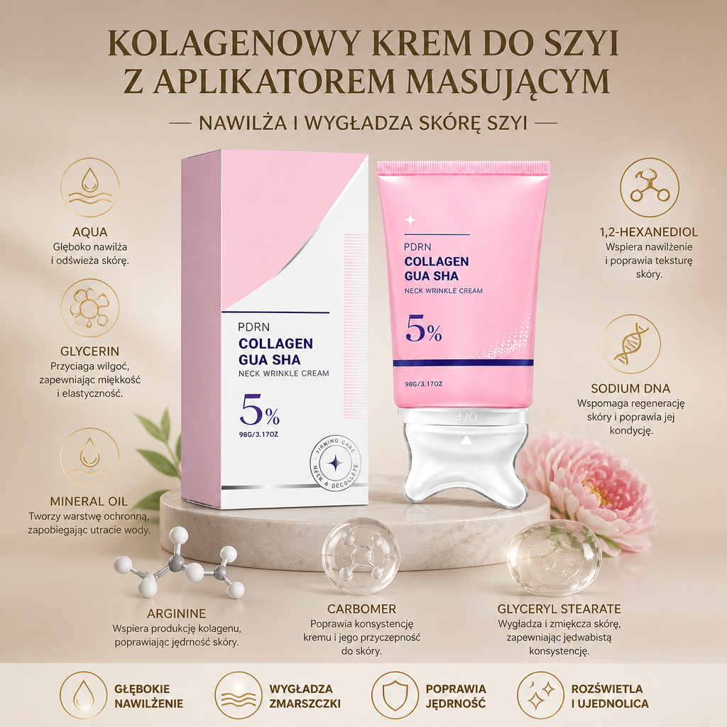 Kolagenowy krem do szyi z aplikatorem masującym – nawilża i wygładza skórę szyi