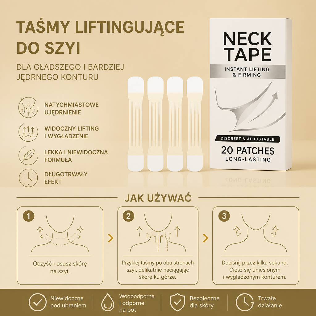 Niewidoczne taśmy liftingujące do szyi – ujędrniające paski samoprzylepne dla gładszego konturu szyi