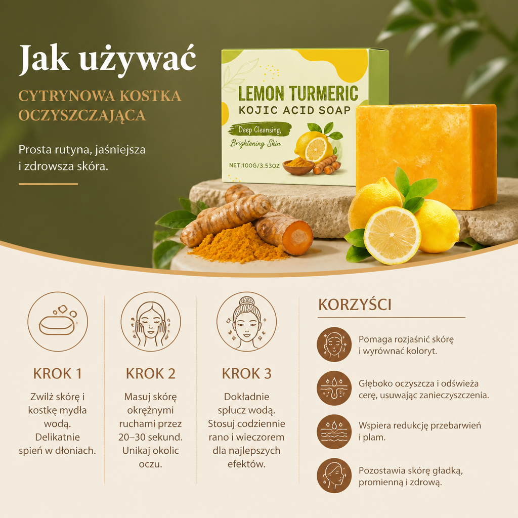 Cytrynowa Kostka Oczyszczająca z Kurkumą i Kwasem Kojowym dla Jaśniejszej, Gładszej Skóry