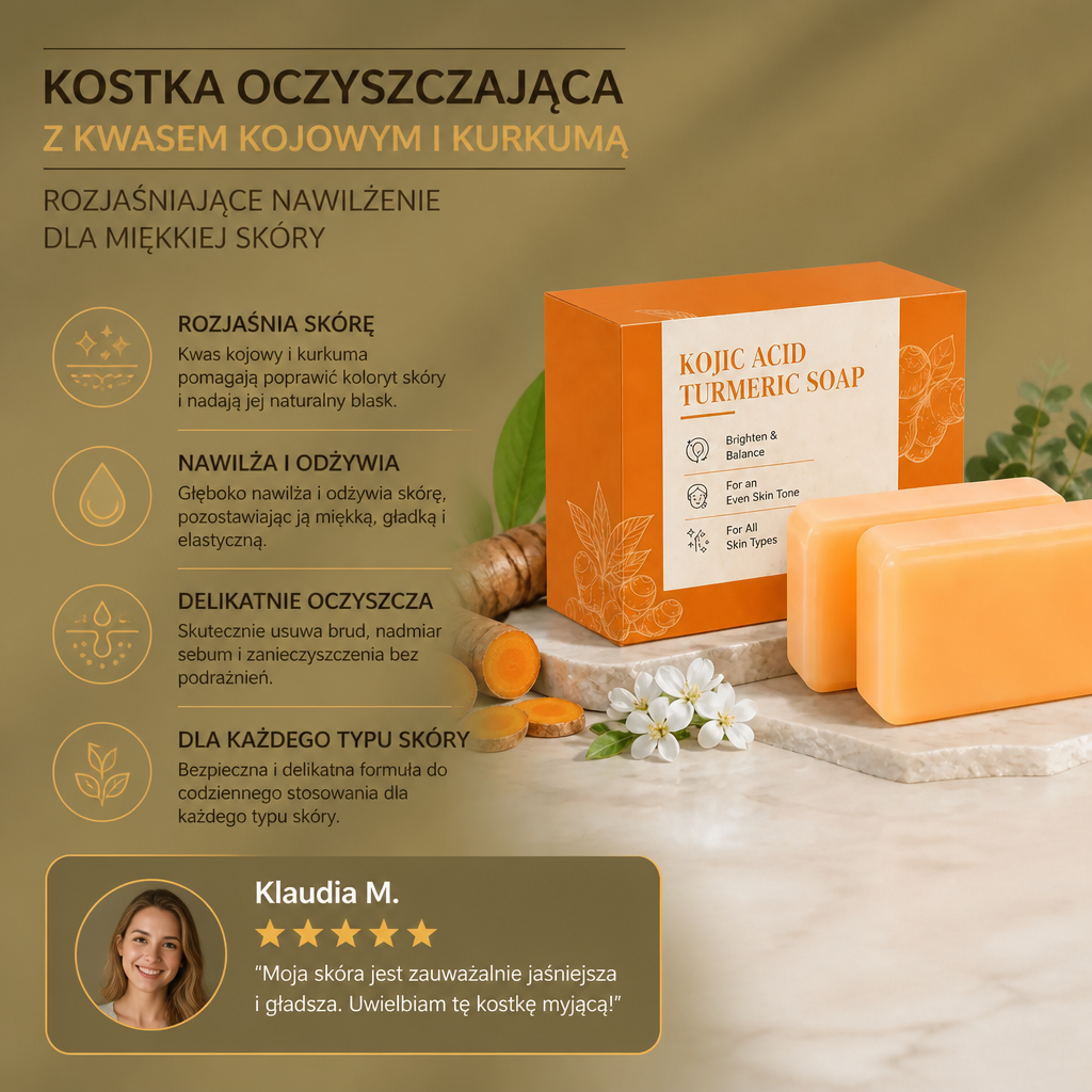 Kostka Oczyszczająca z Kwasem Kojowym i Kurkumą – Rozjaśniające Nawilżenie dla Miękkiej Skóry