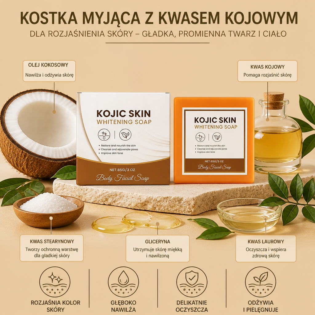 Kostka Myjąca z Kwasem Kojowym dla Rozjaśnienia Skóry – Gładka, Promienna Twarz i Ciało