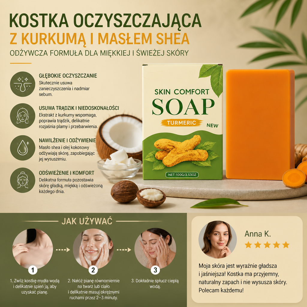 Kostka Oczyszczająca z Kurkumą i Masłem Shea – Odżywcza Formuła dla Miękkiej i Świeżej Skóry