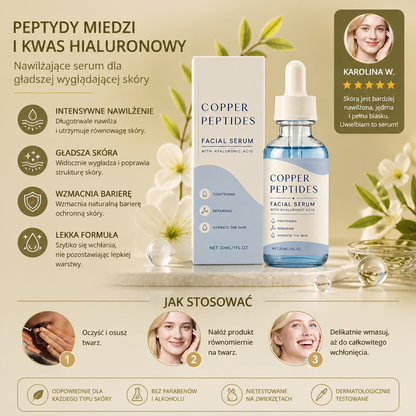 Peptydy Miedzi i Kwas Hialuronowy – Nawilżające Serum dla Gładszej Wyglądającej Skóry