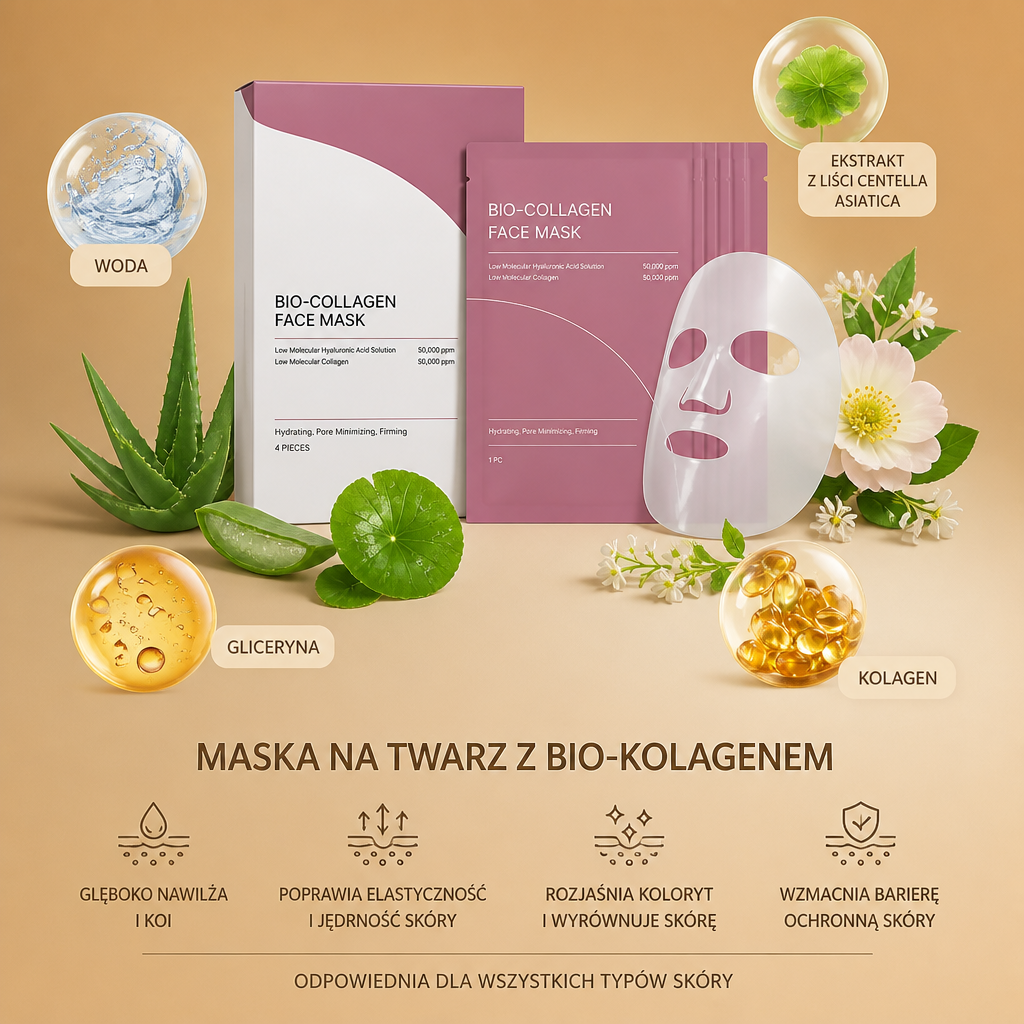 Bio-Kolagenowa Maska do Twarzy – Głębokie Nawilżenie dla Gładkiej i Jędrnie Wyglądającej Skóry