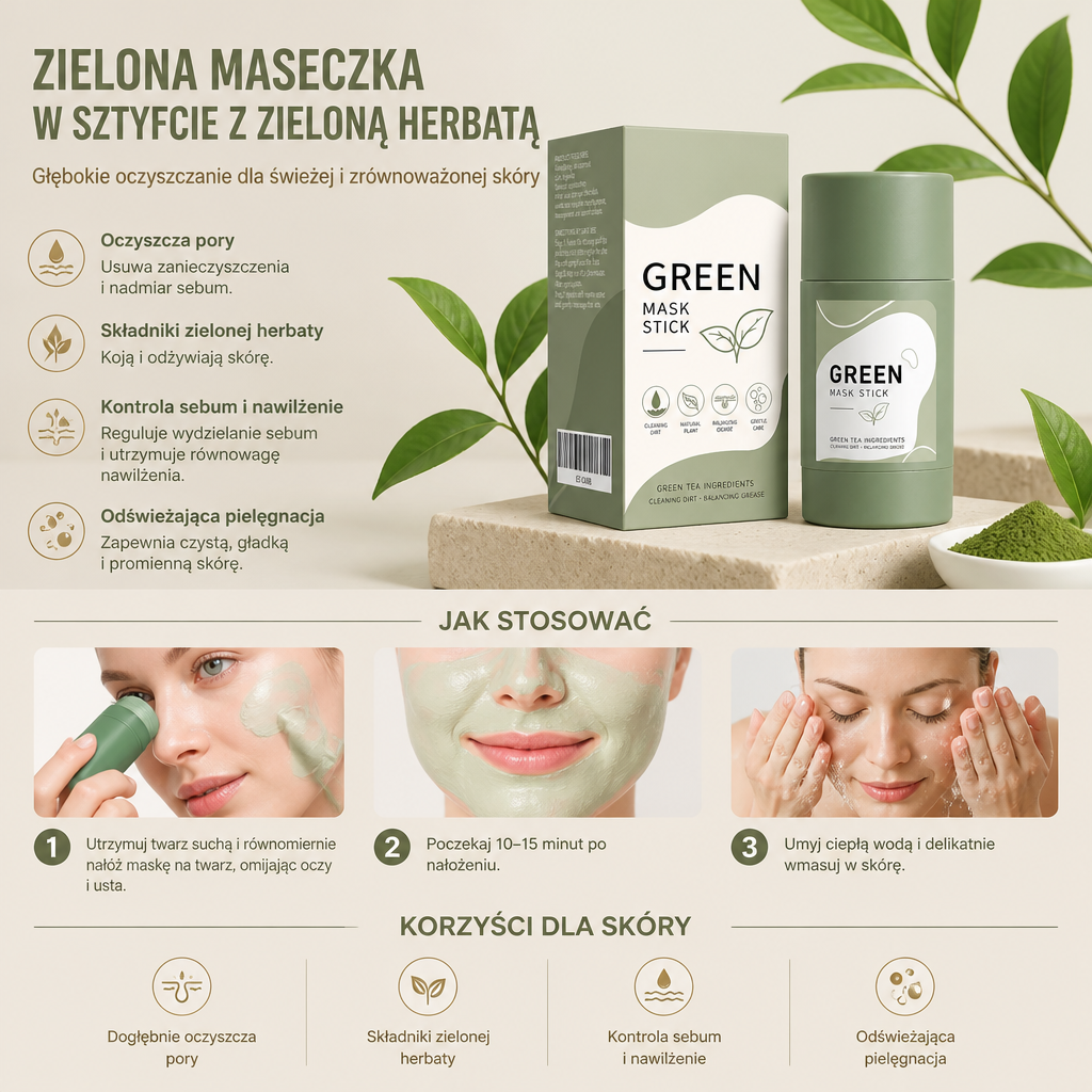 Zielona Maseczka w Sztyfcie z Zieloną Herbatą – Głębokie Oczyszczanie dla Świeżej i Zrównoważonej Skóry