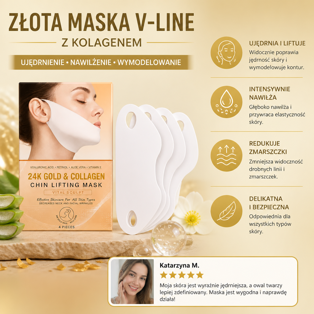 Złota Maska V-Line z Kolagenem – Ujędrniające Nawilżenie dla Wymodelowanego Wyglądu Skóry