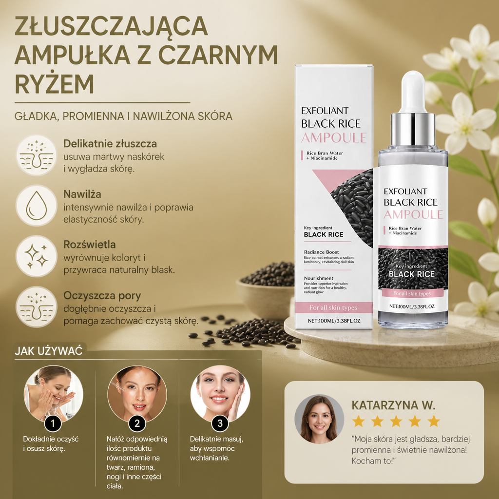 Ampułka Złuszczająca z Czarnym Ryżem – Nawilżająca Pielęgnacja dla Gładkiej i Promiennej Skóry