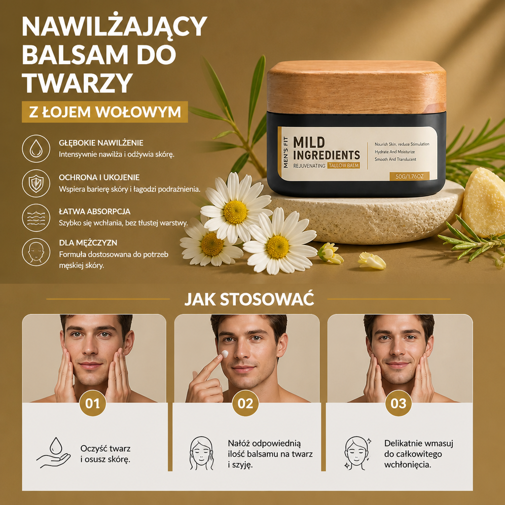 Męski Nawilżający Balsam do Twarzy z Łojem Wołowym – Odżywcza Codzienna Pielęgnacja Skóry