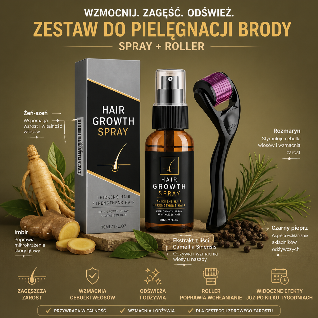 Zestaw Sprayu i Rollera do Pielęgnacji Brody – Wzmacnia, Zagęszcza i Odświeża Zarost