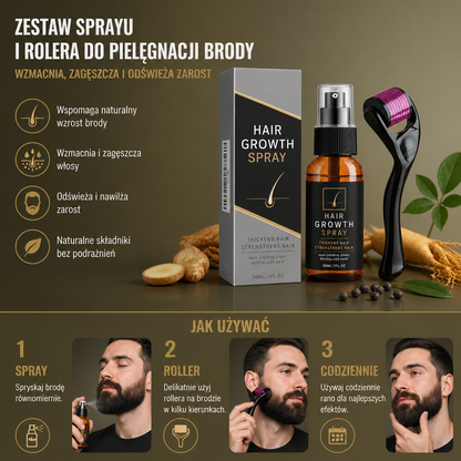Zestaw Sprayu i Rollera do Pielęgnacji Brody – Wzmacnia, Zagęszcza i Odświeża Zarost