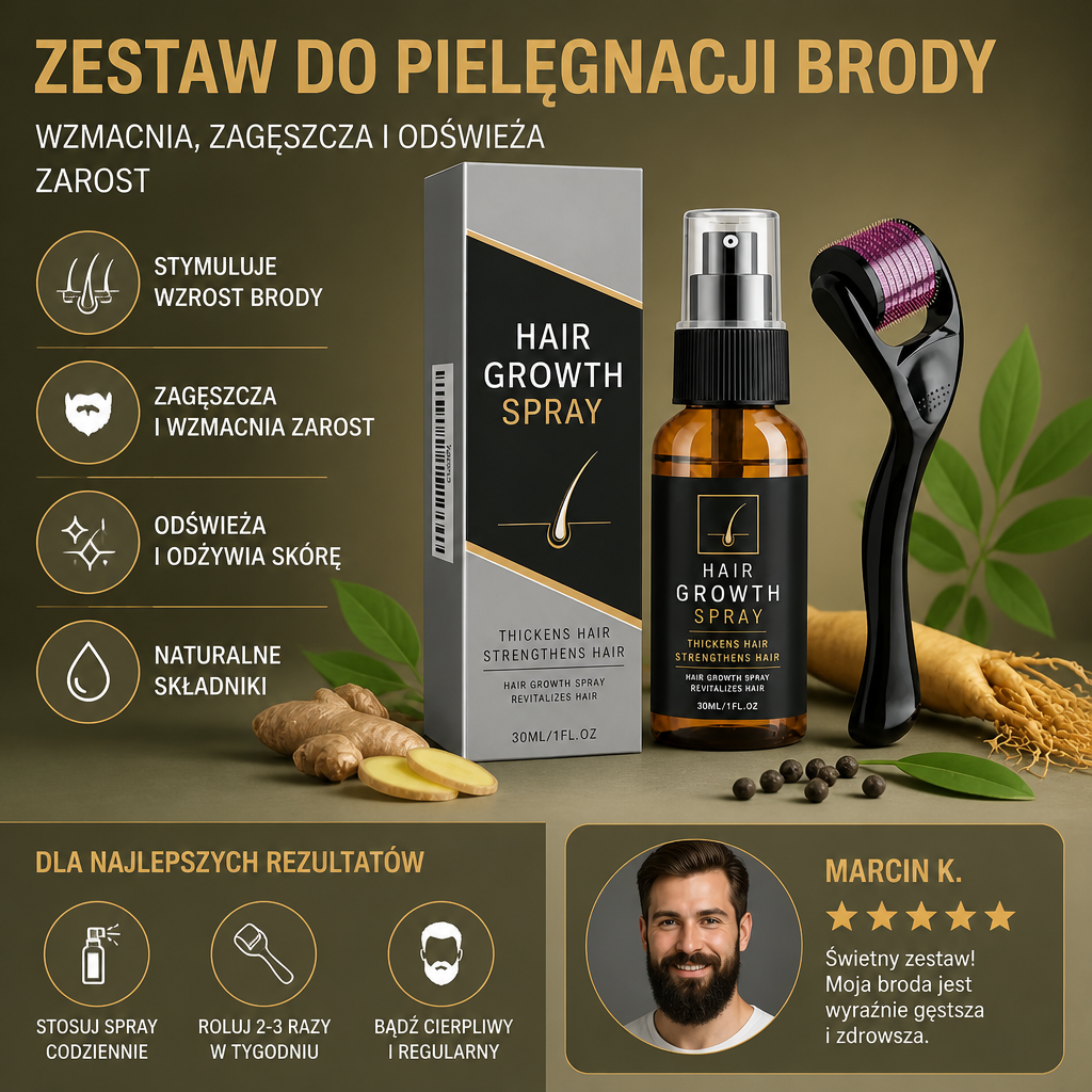 Zestaw Sprayu i Rollera do Pielęgnacji Brody – Wzmacnia, Zagęszcza i Odświeża Zarost