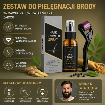 Zestaw Sprayu i Rollera do Pielęgnacji Brody – Wzmacnia, Zagęszcza i Odświeża Zarost