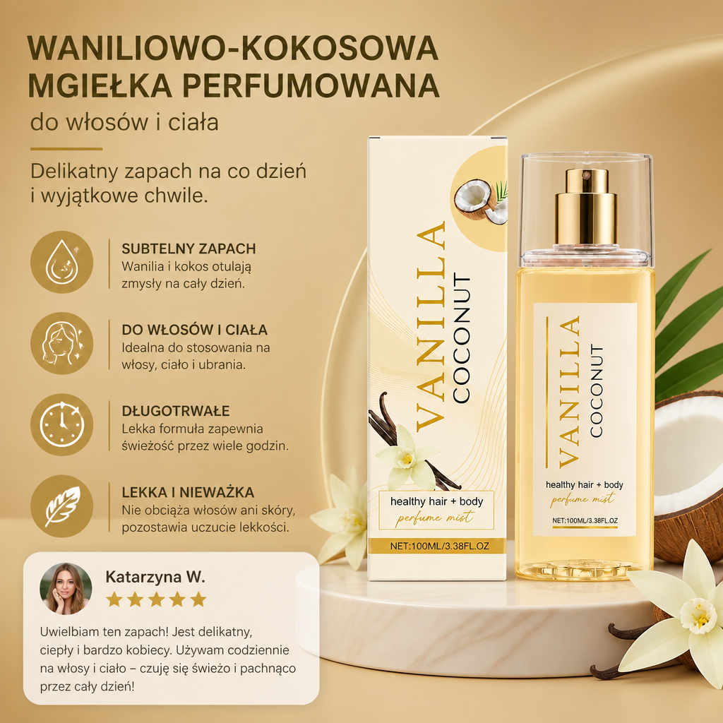 Waniliowo-Kokosowa Mgiełka Perfumowana do Włosów i Ciała – Delikatny Zapach dla Codziennej Elegancji