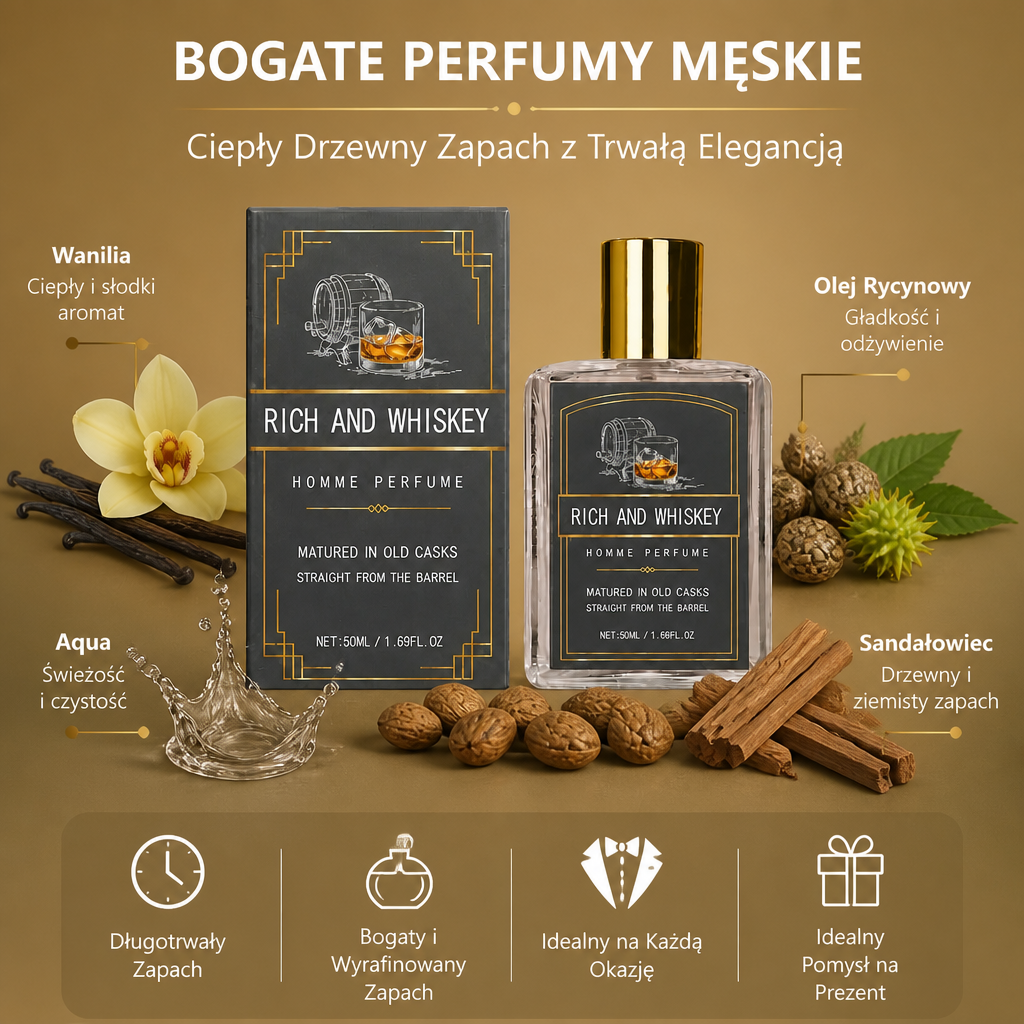 Bogate Perfumy Męskie Whiskey – Ciepły Drzewny Zapach z Trwałą Elegancją