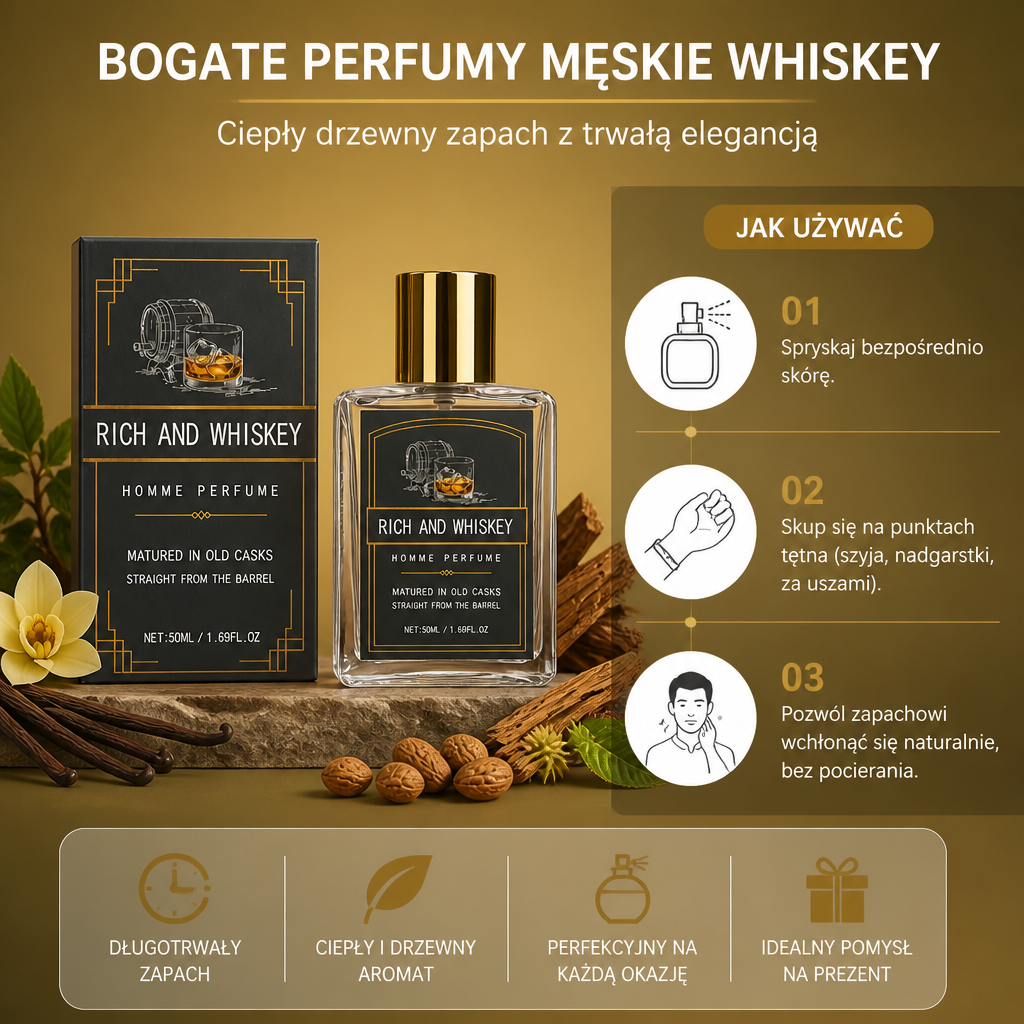 Bogate Perfumy Męskie Whiskey – Ciepły Drzewny Zapach z Trwałą Elegancją
