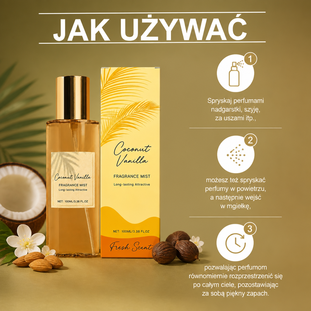 Waniliowo-Kokosowa Mgiełka Zapachowa – Świeży Kwiatowy Zapach z Długotrwałym Aromatem