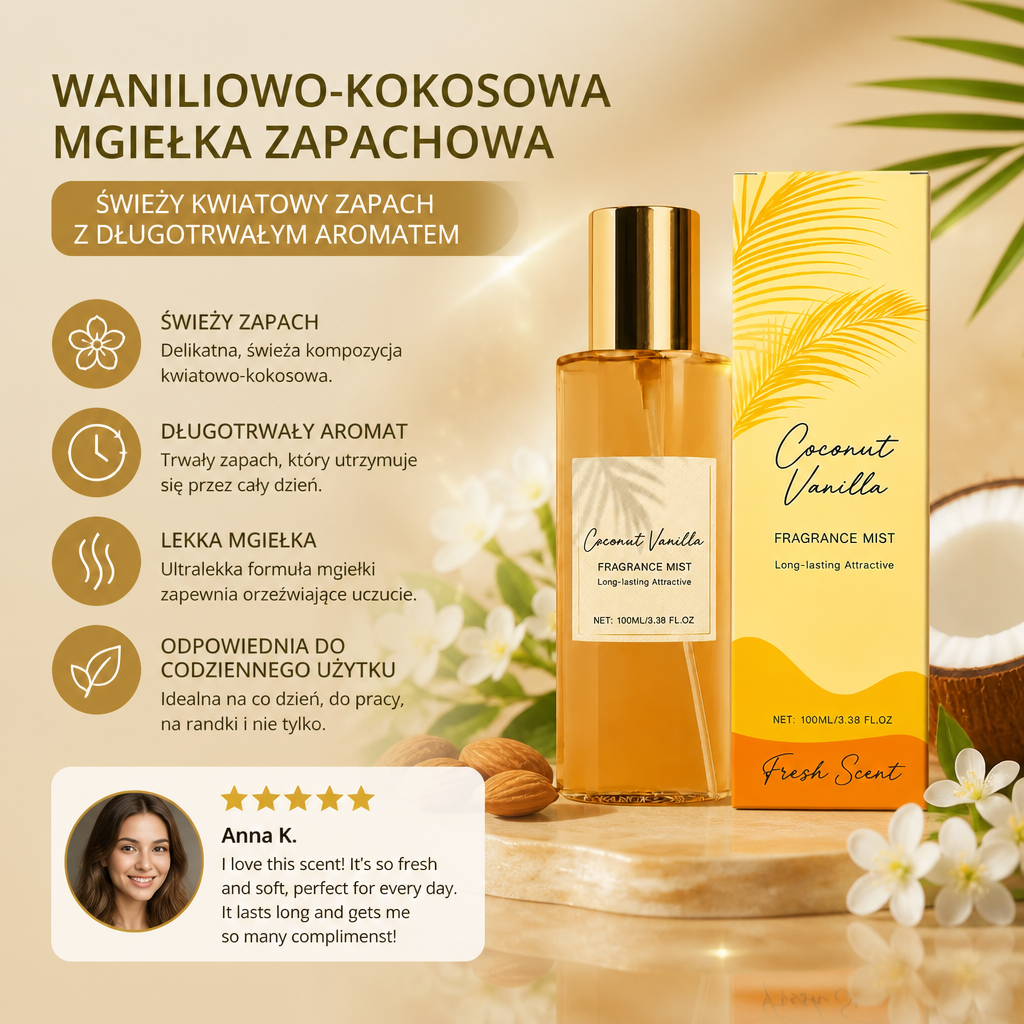 Waniliowo-Kokosowa Mgiełka Zapachowa – Świeży Kwiatowy Zapach z Długotrwałym Aromatem