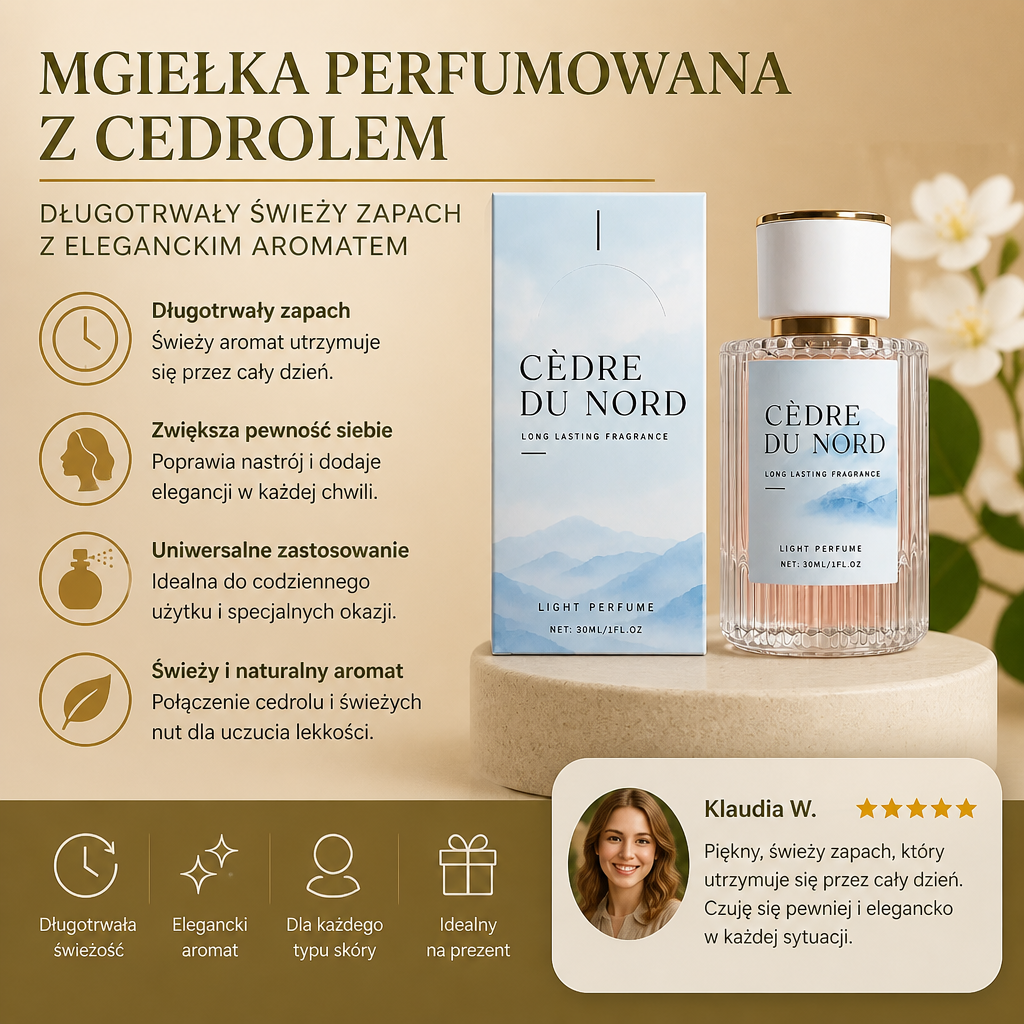 Mgiełka Perfumowana z Cedrolem – Długotrwały Świeży Zapach z Eleganckim Aromatem