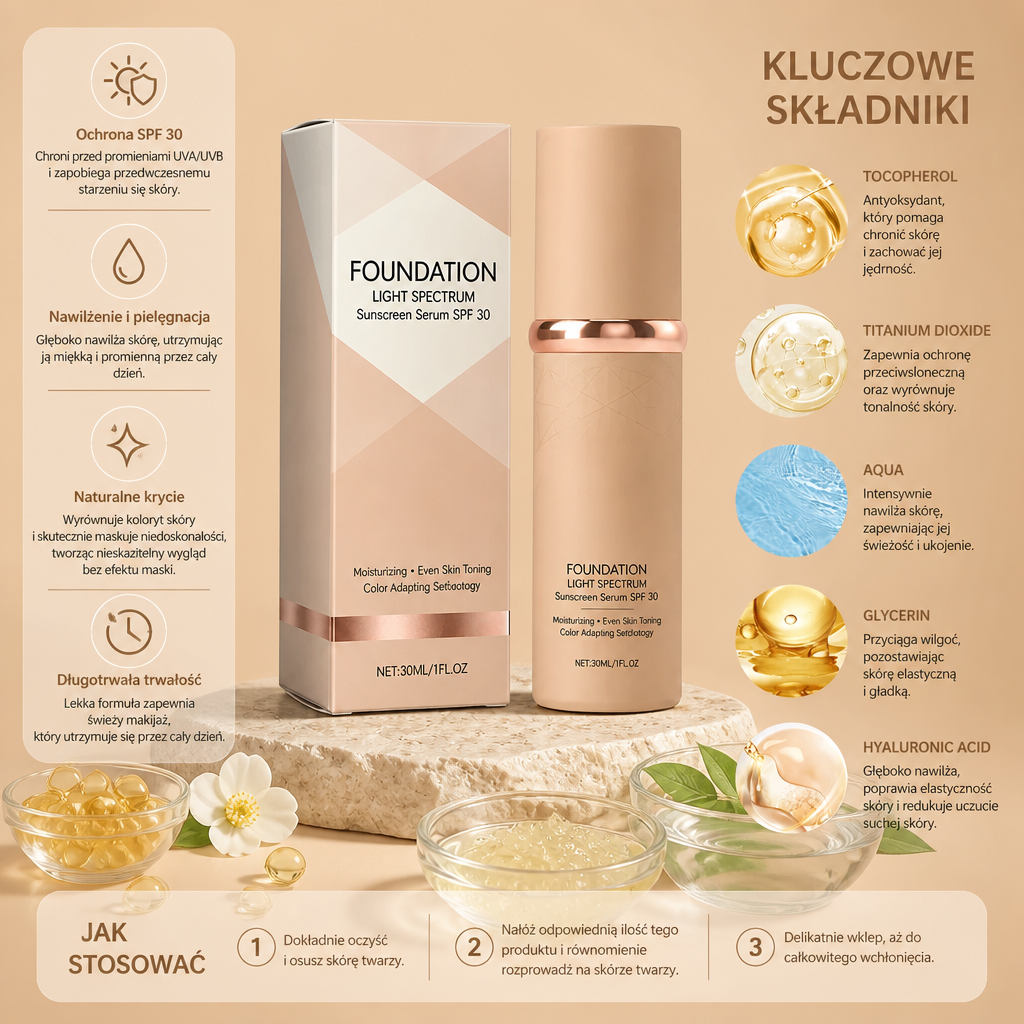 Serum Przeciwsłoneczne Z Podkładem Light Spectrum – Nawilżające Krycie Z Ochroną SPF