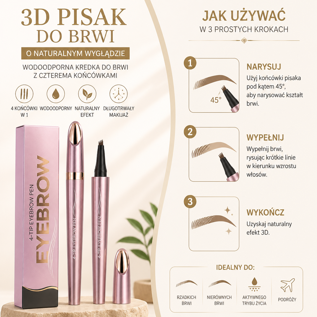 3D Pisak Do Brwi O Naturalnym Wyglądzie – Wodoodporna Kredka Do Brwi Z Czterema Końcówkami