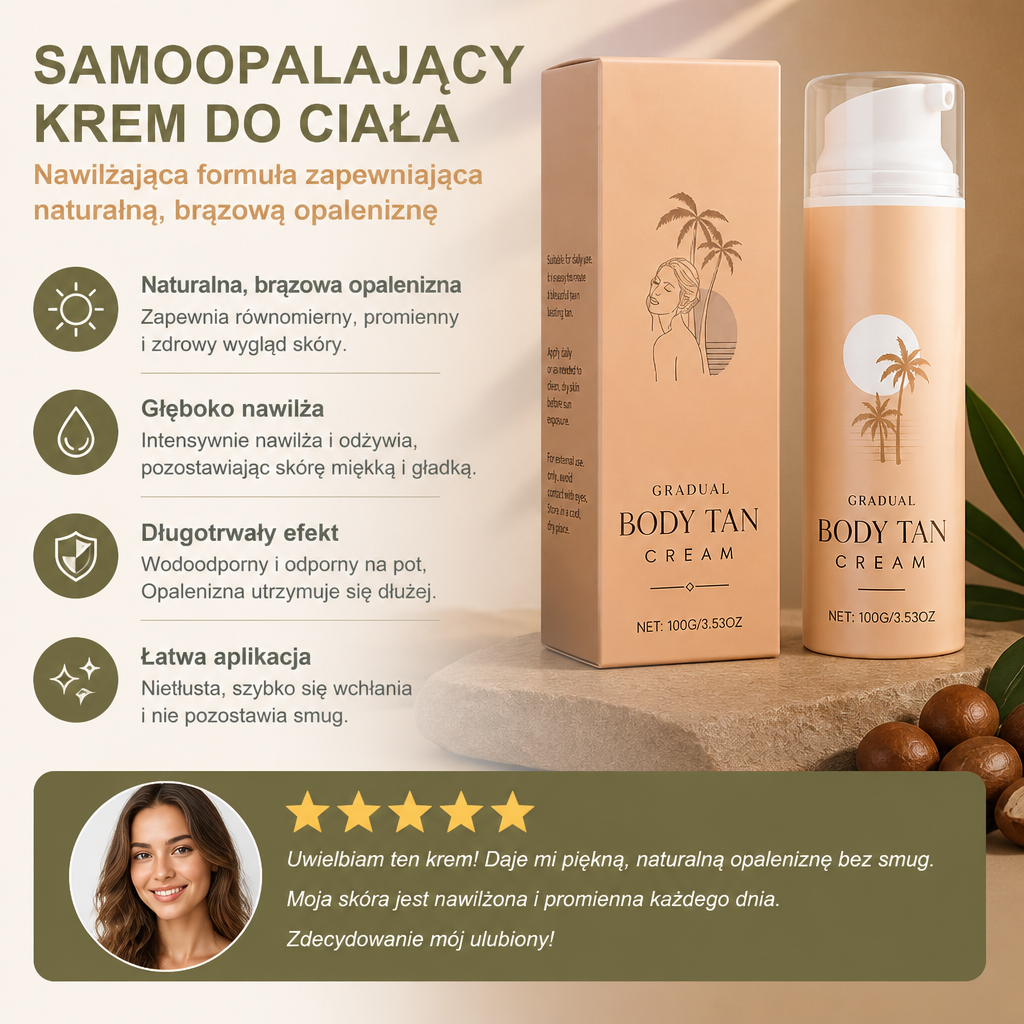 Samoopalający krem do ciała – nawilżająca formuła zapewniająca naturalną, brązową opaleniznę