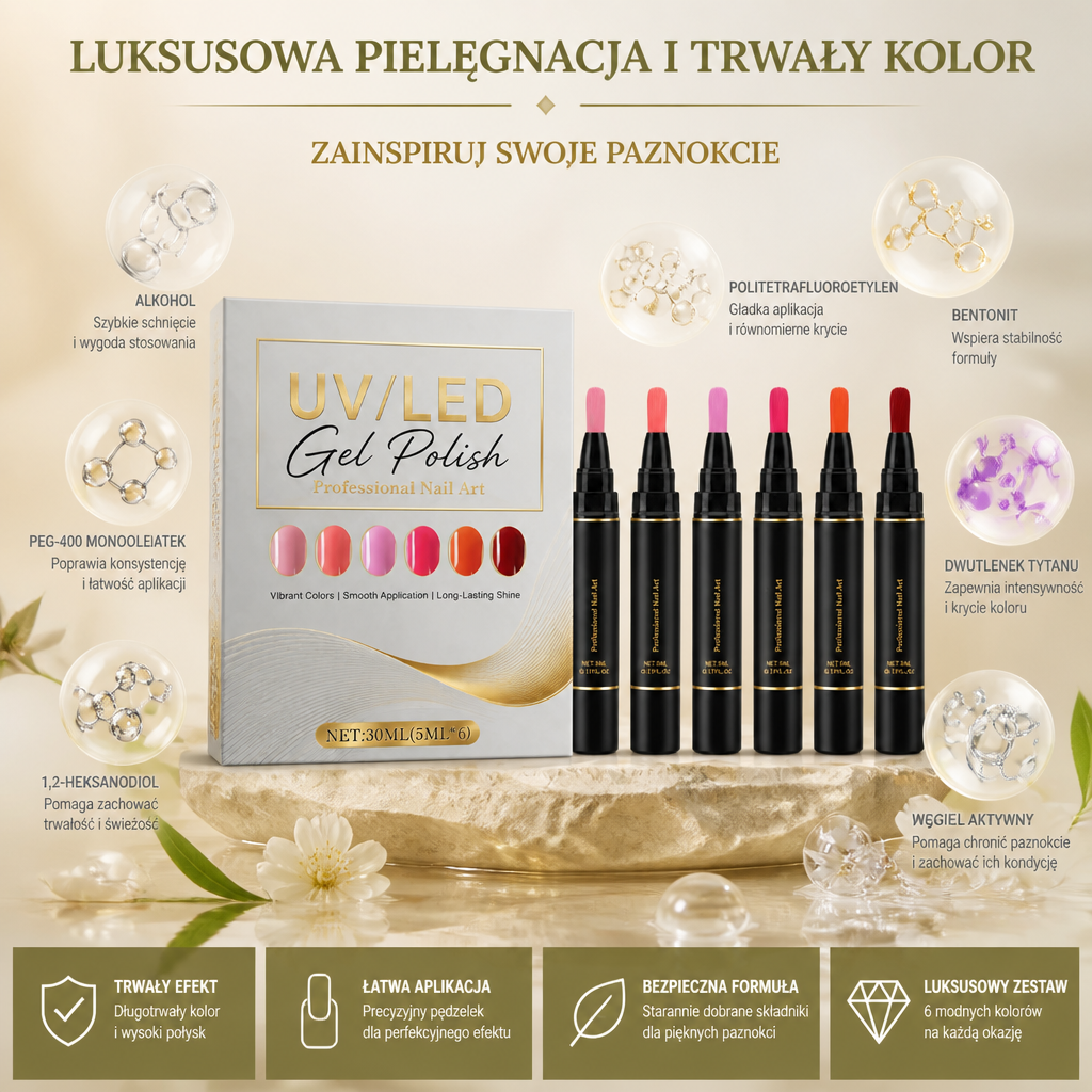 Zestaw lakierów hybrydowych UV/LED – błyszczące kolory do kreatywnych stylizacji paznokci