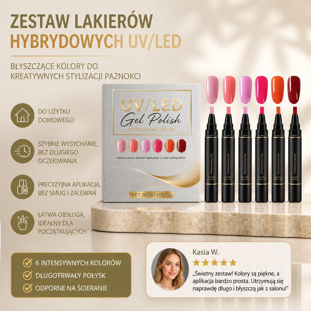 Zestaw lakierów hybrydowych UV/LED – błyszczące kolory do kreatywnych stylizacji paznokci