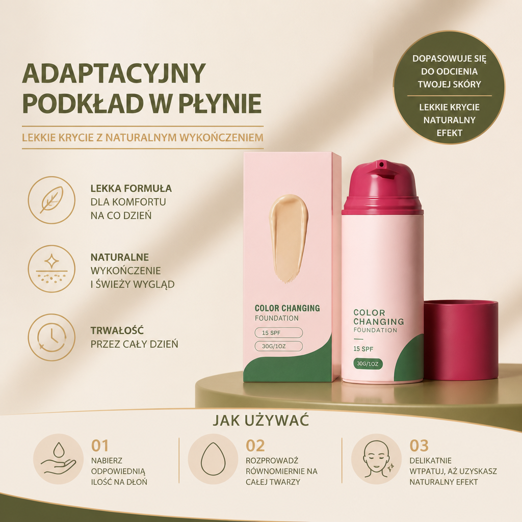 Adaptacyjny podkład w płynie – lekkie krycie z naturalnym wykończeniem